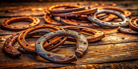Macro Photo: Rusty Horseshoes on Barn Wood Floor - Rustic Texture