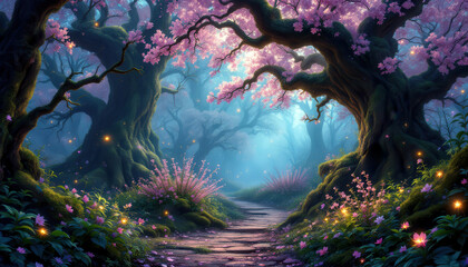 Fototapeta premium Enchanting spring forest pathway with blooming cherry blossoms and magic fireflies
