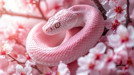 Fototapeta premium A pink snake curled among delicate blossoms, capturing a serene scene that combines the gentle detail of nature with the beauty of pink hues.