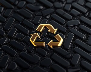 Obraz premium Stylish gold recycle symbol on black textured background, promoting sustainability.