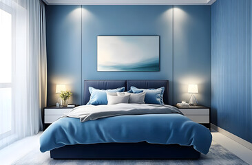Pastel blue bedroom with navy bed. Empty wall for art display. Mockup interior design, showing modern style. Empty space for painting decoration. Luxurious, trendy hotel home room. Light blue, soft