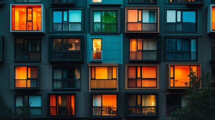 A multistory apartment building at night, with various warm lit windows creating a cozy atmosphere, showcasing urban living and community.