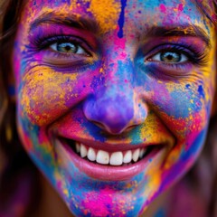 Obraz premium Holi Festival Of Colors. Portrait of happy Indian girl in traditional Hindu girl Holi color on smiling face