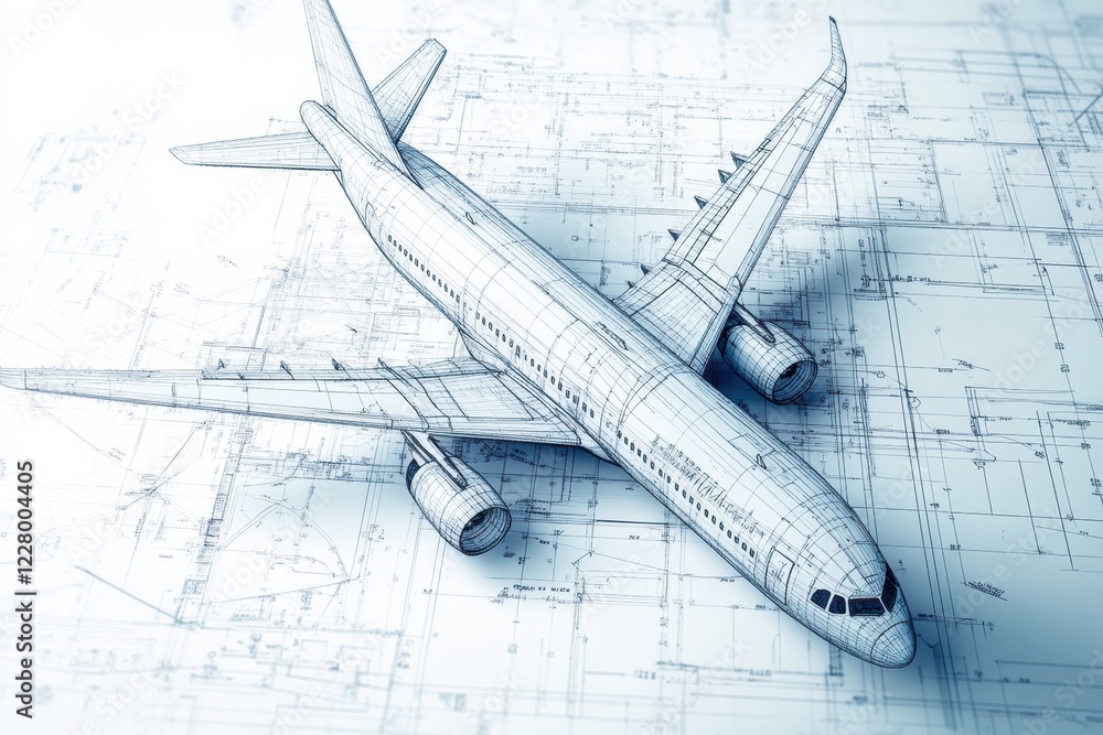 Poster technical blueprints illustrate detailed design of an airplane featuring various components and engi