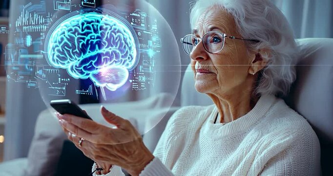 Elderly woman using smartphone with futuristic AI brain interface, concept of artificial intelligence, cognitive health, and neurotechnology
