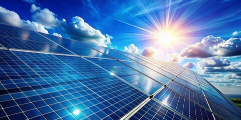 Macro Solar Panel Grid: Blue Sky Reflection, Clean Energy Technology