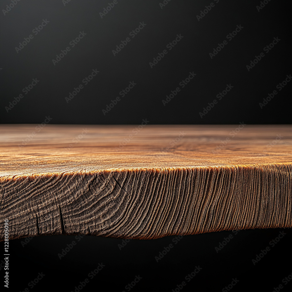 Poster close-up of a rustic wooden surface with rich texture against a dark background, ideal for product d