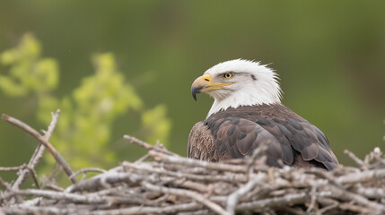 Obraz premium Bald eagle in nest with natural background. Perfect for wildlife photography, national symbols, or conservation themes.