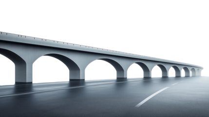 Bridge into the Unknown:  A long concrete bridge arches over an empty highway stretching into the mist. The perspective creates a sense of journey, travel and exploration. 