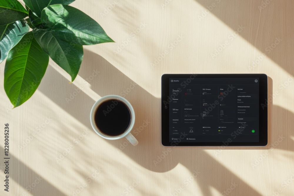 Poster smart interior harmony sunlit wooden table with tablet showing home iot interface and coffee - perfe