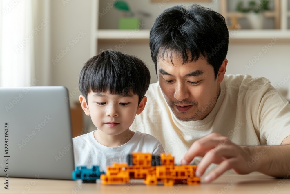 Aufkleber stem tinkering experience father-son duo assembling colorful educational robot kits in cozy living r