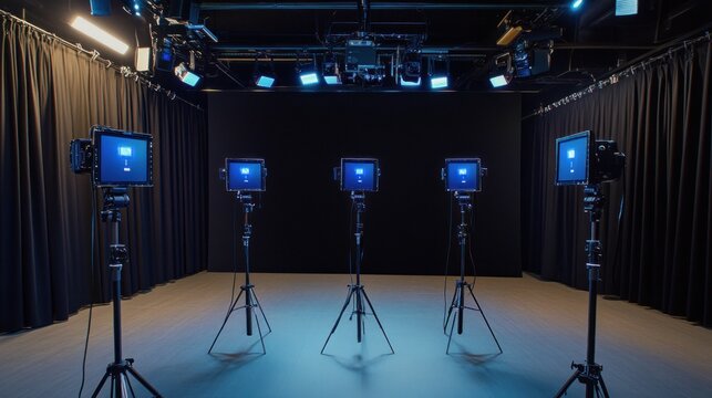 Five cameras in a professional film studio setting
