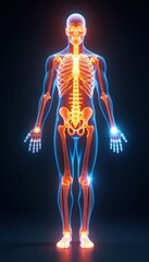 A vibrant illustration of a human skeleton, highlighting anatomical features with neon colors against a dark background, ideal for medical and educational use.