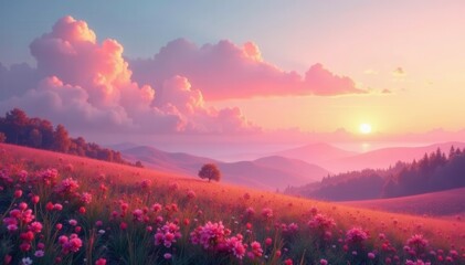 Soft pink and orange hues envelop the serene landscape, landscape, horizon