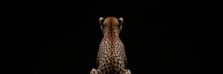 Naklejka premium A striking image of a leopard viewed from behind, showcasing its unique spotted fur against a dark background. Ideal for wildlife conservation themes or animal-related content.