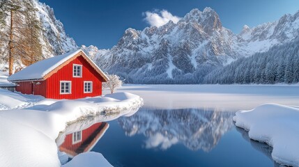 Red cabin, snowy lake, mountain winter, postcard