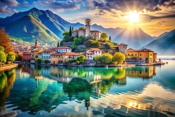 Fototapeta premium Magical Iseo Lake: Double Exposure of Monte Isola & Peschiera Maraglio, Italy