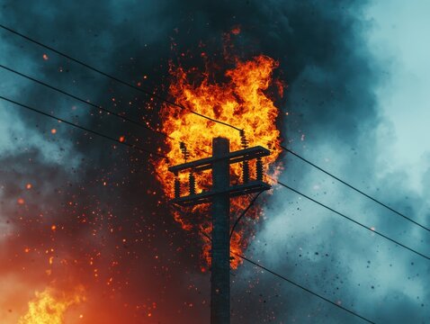 Destructive fire consuming a power pole amidst thick smoke.