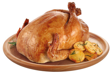 prato com frango assado acompanhado de batatas assadas com alecrim isolado em fundo transparente