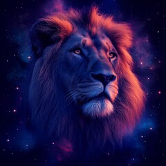 Majestic Lion with a Cosmic Galaxy Background, Powerful and Mystical