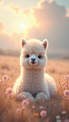 Fototapeta premium A cute, fluffy alpaca sits among colorful flowers in a sunlit meadow, embodying warmth and tranquility in nature’s beauty.