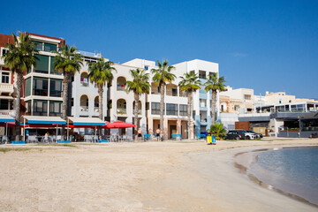 Fototapeta premium Pretty bay beach in Birzebbuga, Malta panorama