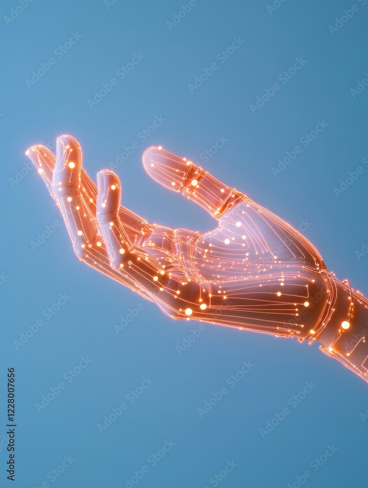 Poster Innovative Tech Display Neon Lit Robotic Hand with Digital Circuitry - Advanced Connectivity Design for Engineering and Intelligent Systems Integration in Commercial Tech Solutions
