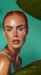Close-up of a red-haired woman with freckles, showcasing dewy skin against a turquoise background and lush tropical leaves.
