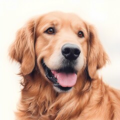 Smiling Golden Retriever Portrait on Soft White Background, Friendly and Loyal Companion