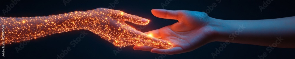 Poster Futuristic Human-Machine Synergy Glowing Circuitry on Hands in Digital Binary Stream - AI Integration and Automation for Tech Industry Innovation