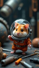A cute hamster in a spacesuit explores an imaginative sci-fi world filled with tools, blending humor and creativity for a whimsical touch.