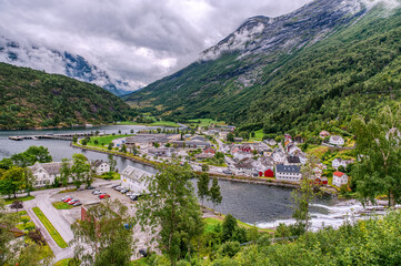 Fototapeta premium Hellesylt is a village in Stranda Municipality, Møre og Romsdal County. The village lies at the beginning of Sunnylvsfjord.