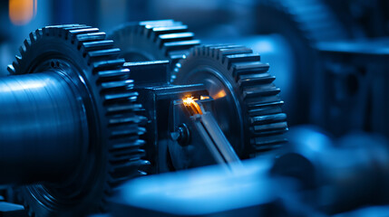 Industrial machinery gears with oil lubrication. Suitable for manufacturing documentation, engineering education and industrial maintenance.