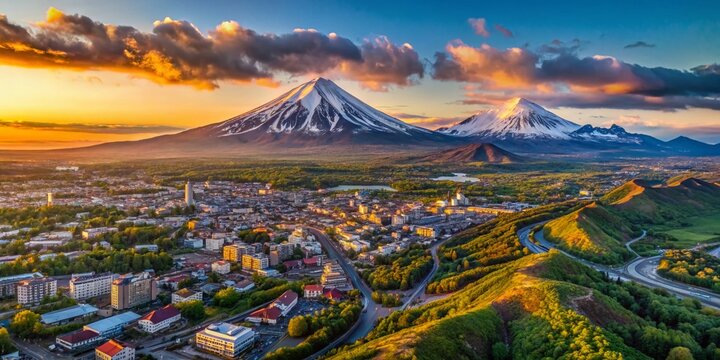 Majestic Avachinsky & Kozelsky Volcanoes Dominate Petropavlovsk-Kamchatsky Skyline, Kamchatka Peninsula, Russia - Drone Aerial View