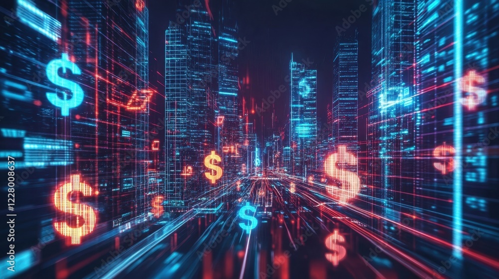 Poster dollar signs are appearing in a futuristic cityscape with binary code and light trails, representing