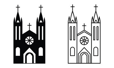 Church icon, vector design. Silhouette of Church symbol, linear icon, cathedral isolated on white background. Building, Religion icon,  Pray Build icon. Vector Illustration.