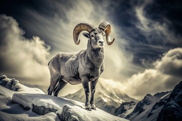 Naklejka premium Majestic Bighorn Sheep in Snowy Mountain Wilderness - Vintage Black and White Photography