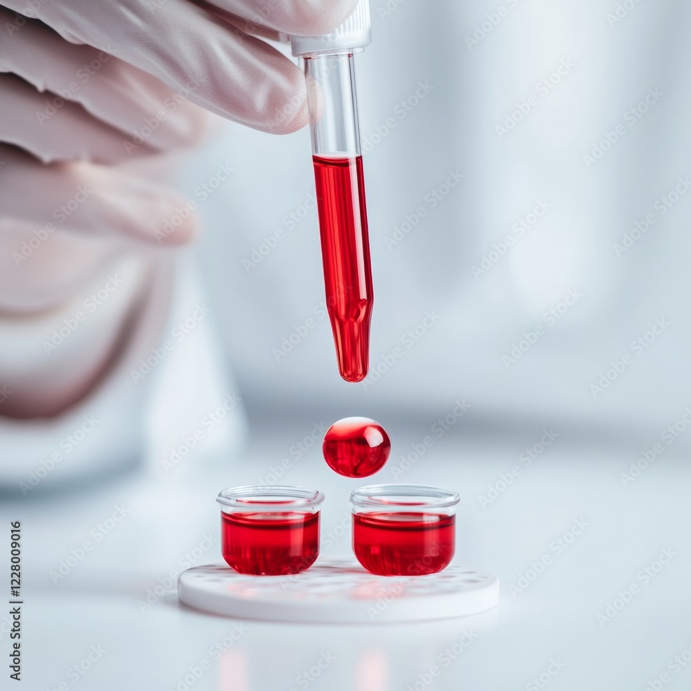 Poster Minimalist Aesthetic in Science Labs Precision Pipetting with Red Liquids in Glass Vials - Pharmaceutical RandD Visuals for Medical Innovation and Controlled Testing Environments