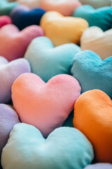 Obraz premium Soft plush heart-shaped pillows in pastel and vibrant colors, creating a cozy and romantic atmosphere, symbolizing love, comfort, and affection, perfect for Valentine's Day and decor