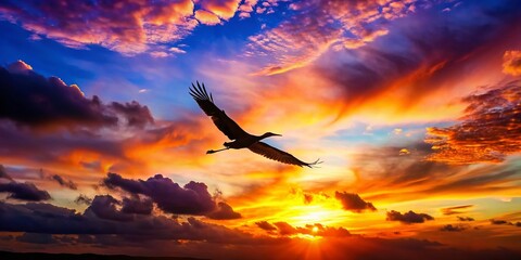 Obraz premium Majestic Bird Silhouette Soaring Above Vibrant Sunset Landscape - Night Photography