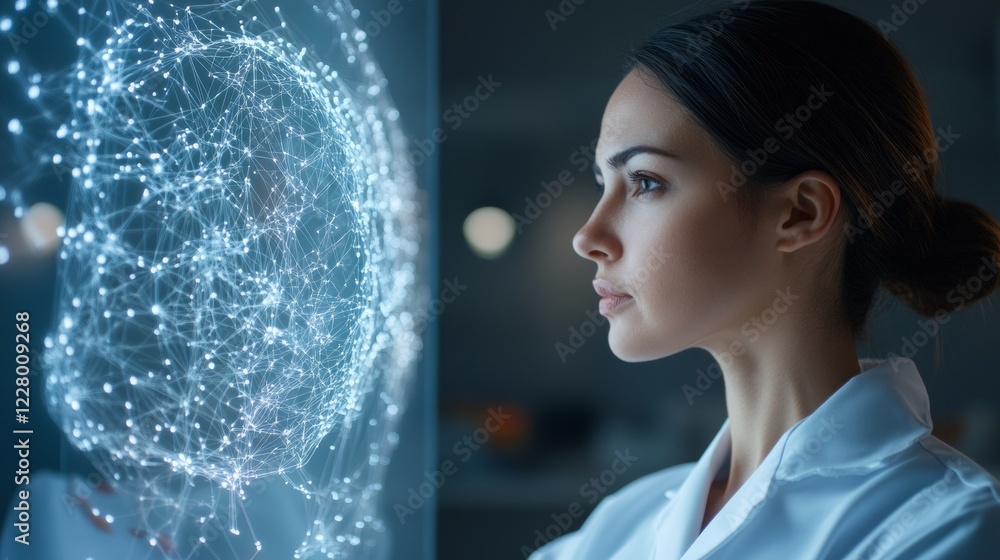 Aufkleber Futuristic Science Concept Latina Scientist in Lab Coat Analyzes Glowing Digital Visualization - Innovation in Technology and Urban Development with Enhanced Visualization Techniques