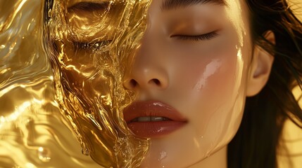 Close-up of a woman's serene face enveloped by shimmering golden liquid, showcasing luxury and beauty in artistic expression.