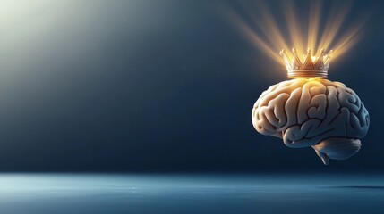 A brain wearing a glowing crown, representing intelligence, leadership, and mental superiority in a conceptual setting.