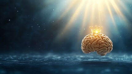 A brain with a crown, illuminated by light beams, representing intelligence, creativity, and power in a cosmic setting.