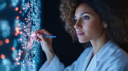 Futuristic Equation Board Latina Scientist, 40, in Lab Coat Analyzing Innovative Tech Visuals for Urban Development - Empowering Research and Commercial Solutions