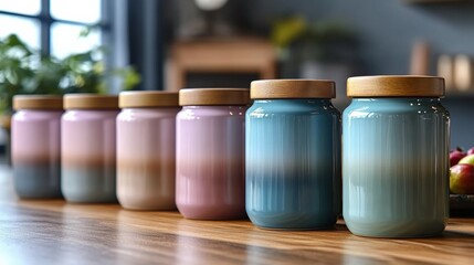 Arranging colored glass jars modern kitchen product display cozy environment close-up view