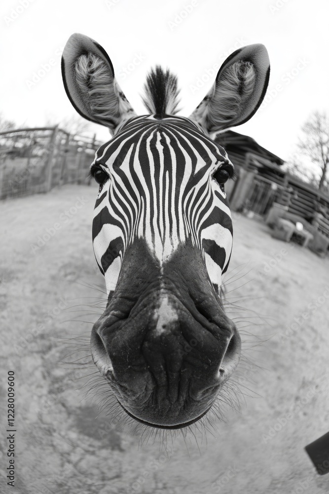 Poster a zebra's face is shown in a close up. the zebra's eyes are open and it has a mouth. the zebra is in