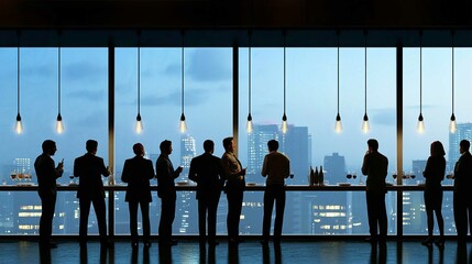 Silhouetted Business Team Walking through Airport Office Building Meeting Hall