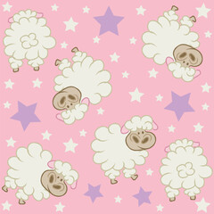 lamb or sheep design in textile pattern style for different uses, life in nature with hearts and stars in various colors.