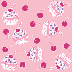design in a pattern of a whipped cream muffin cake with gummy stars and a cherry on top, with cherries around it in magenta photos with textures, trendy design with bright colors.